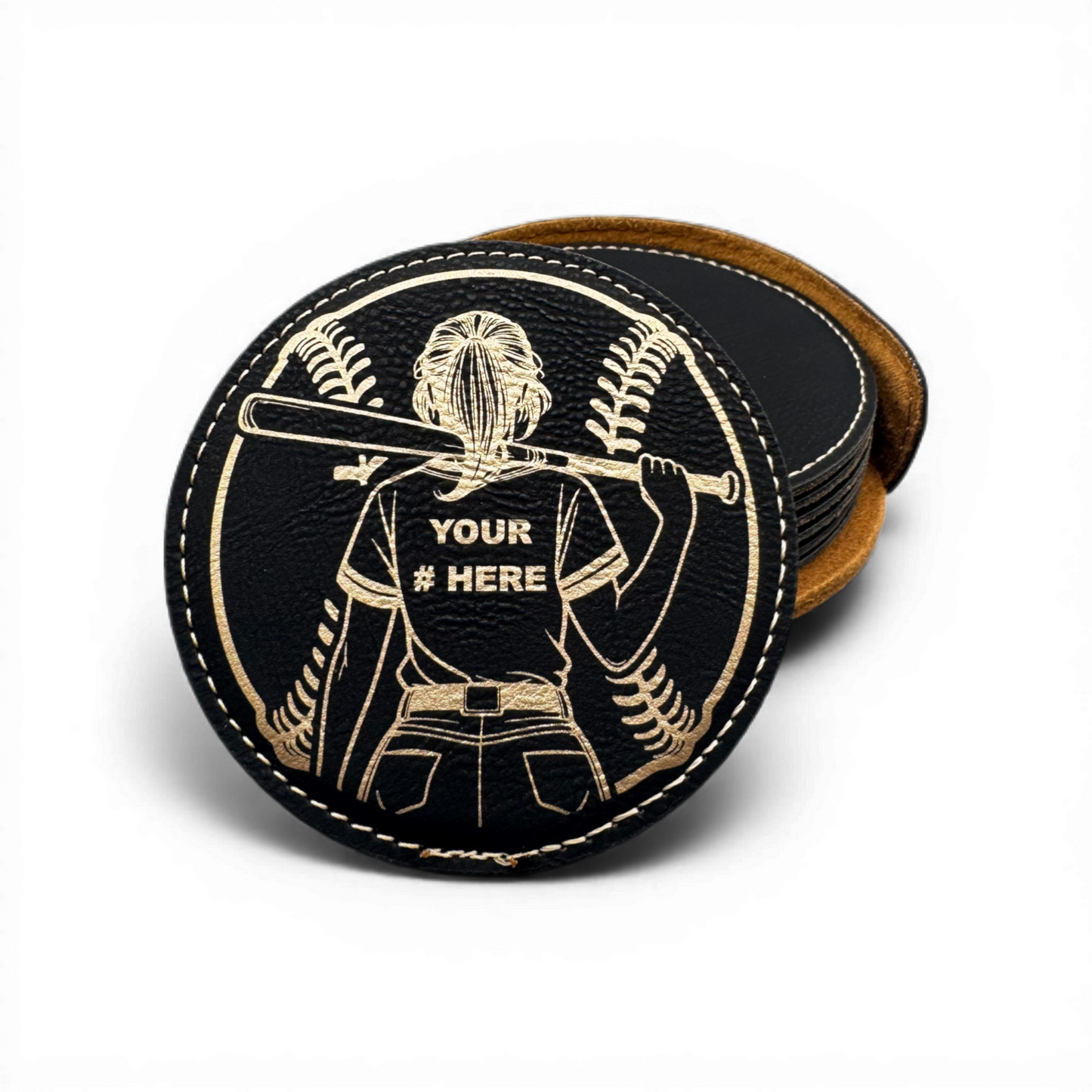 Custom engraved black leatherette coasters with gold metallic lettering by Central Coast Laser and Engraving.