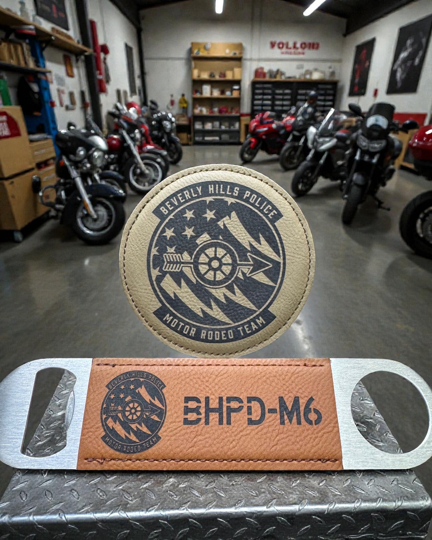 Precision laser etching on a leatherette bottle opener and coaster using a CO2 laser engraver at Central Coast Laser and Engraving in Nipomo.