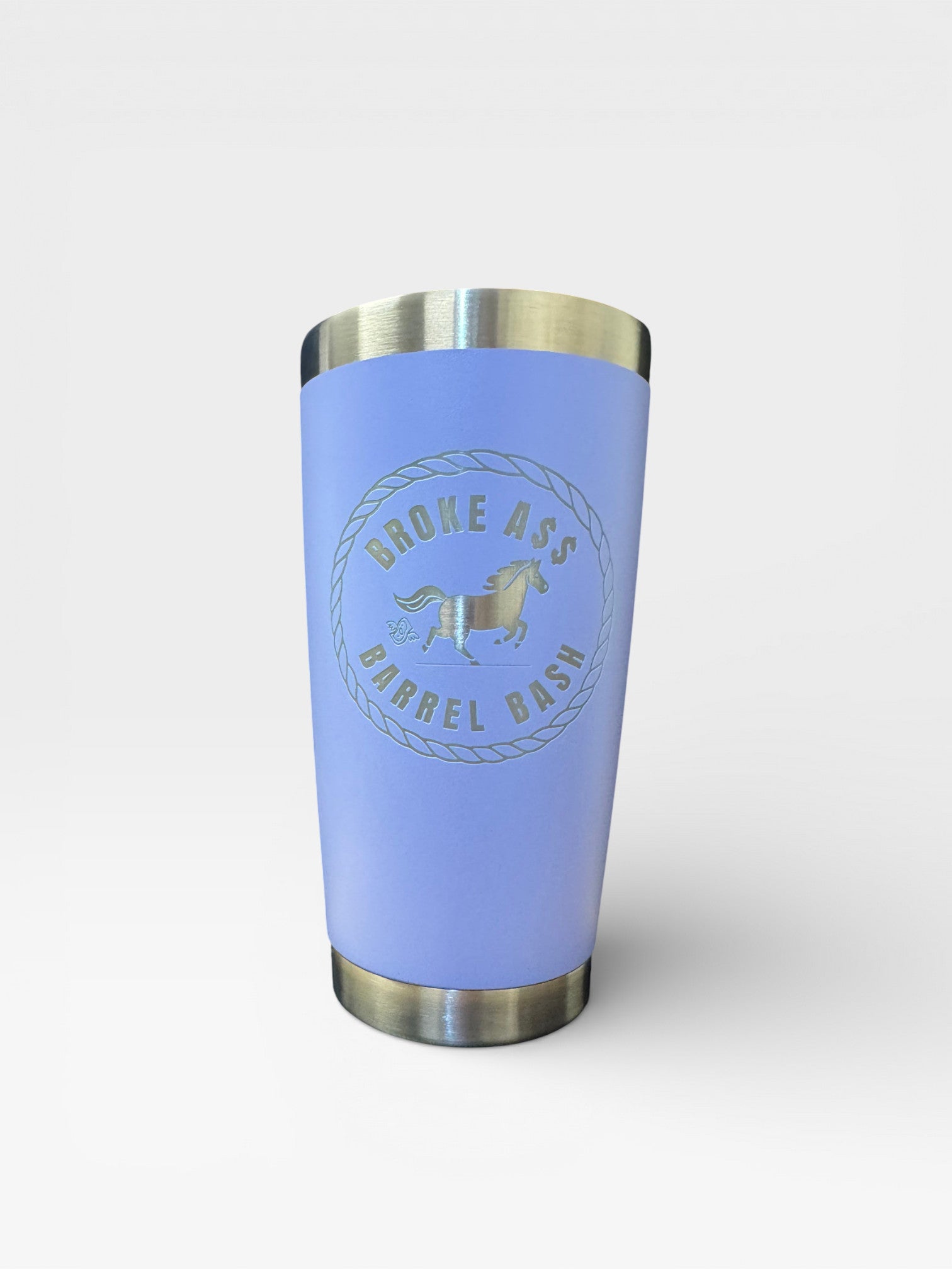 Detail shot of a precision laser-engraved logo on a 20-oz stainless steel tumbler.