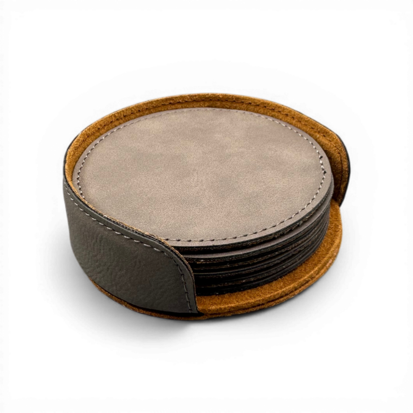 Set of 6 custom laser-engraved 4-inch round brown leatherette coasters with a personalized logo by CCLE.