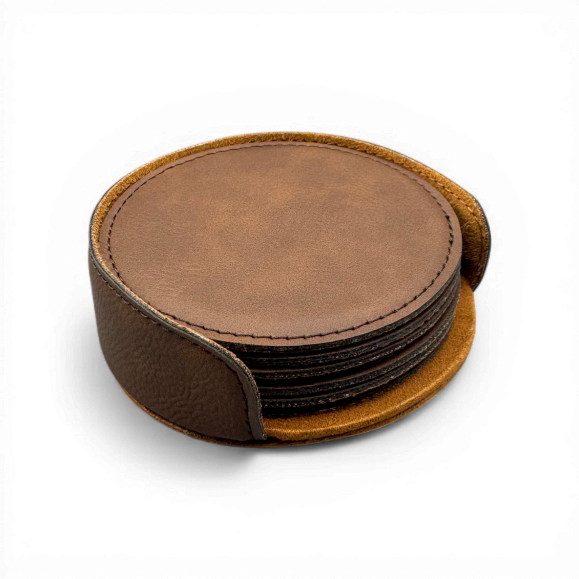 Set of 6 custom laser-engraved 4-inch round brown leatherette coasters with a personalized logo by CCLE.