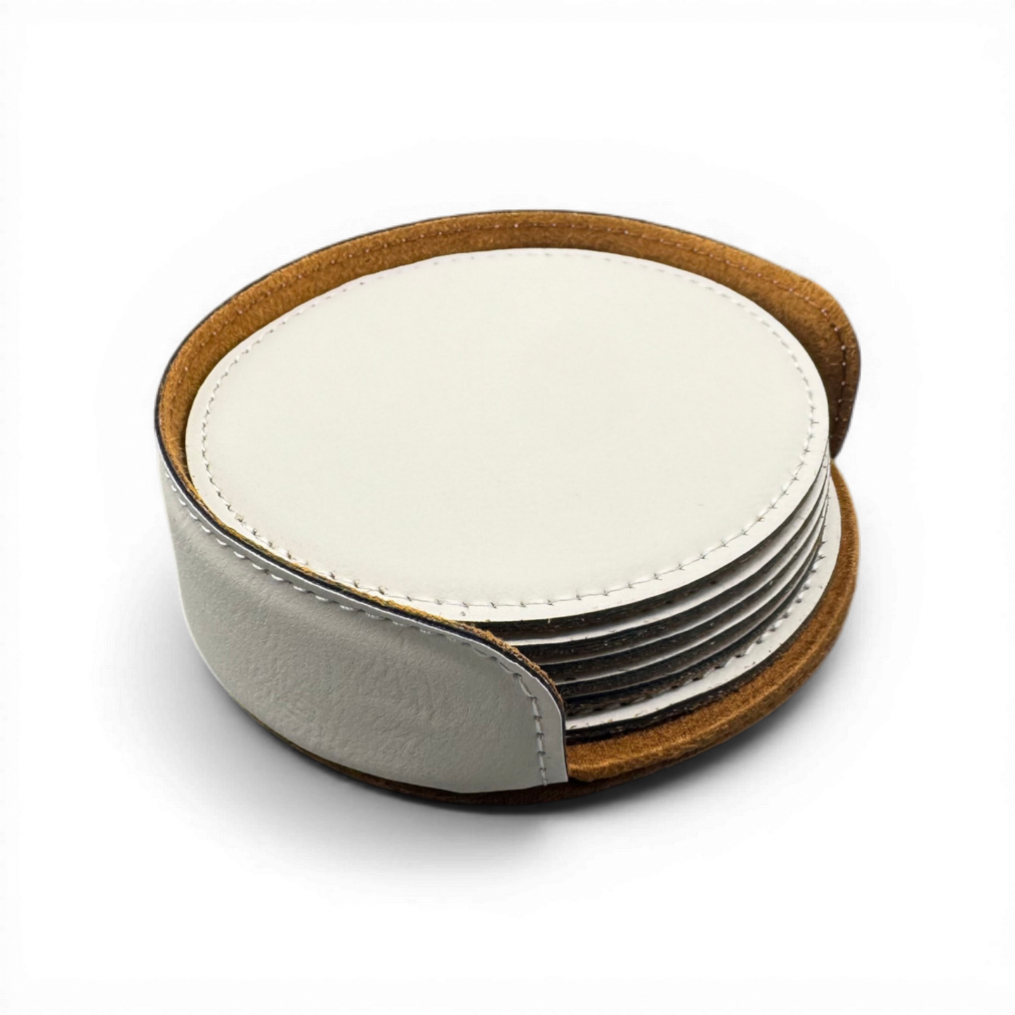 A stacked set of six personalized leatherette coasters, an ideal custom home gift from CCLE in Nipomo, CA.