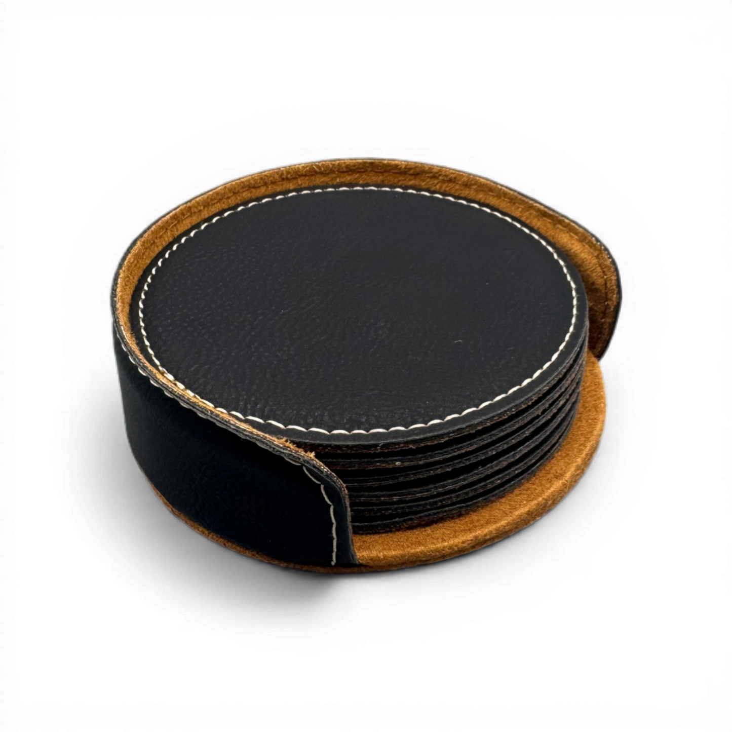 Set of 6 custom laser-engraved 4-inch round brown leatherette coasters with a personalized logo by CCLE.