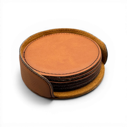 Set of 6 custom laser-engraved 4-inch round brown leatherette coasters with a personalized logo by CCLE.