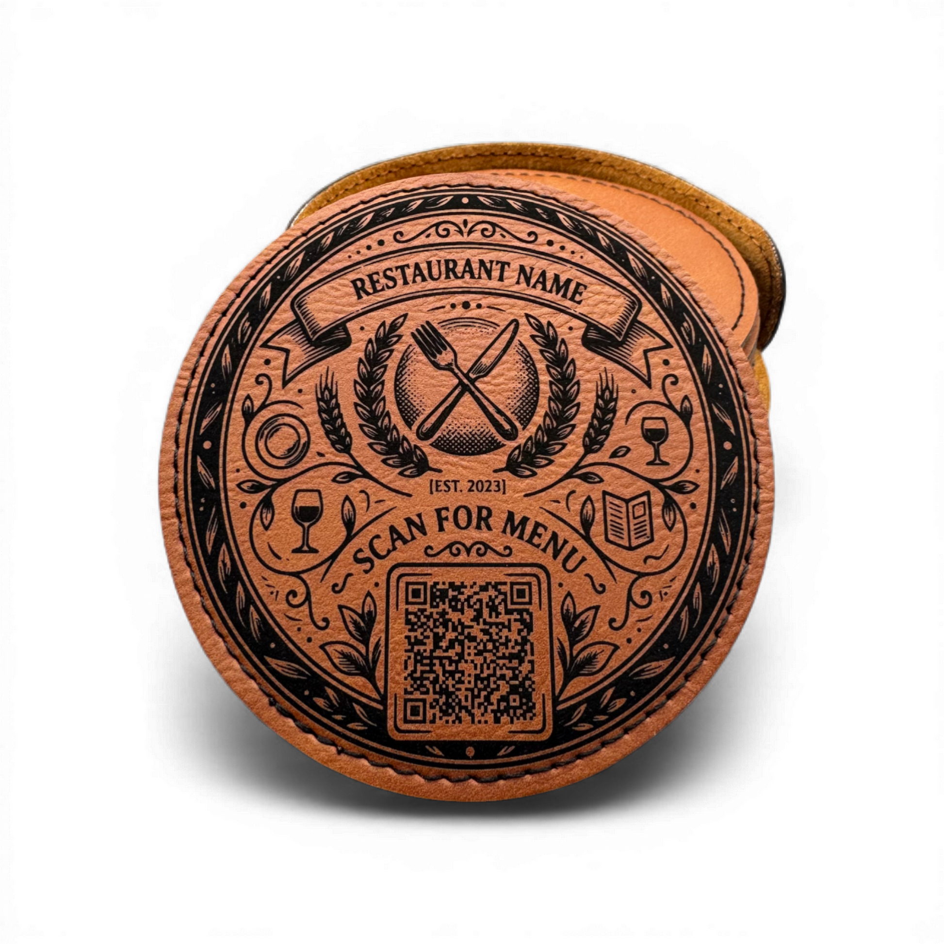 Personalized bar menu coaster set featuring a QR code, 4-inch round, by CCLE.
