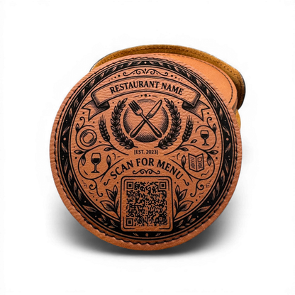 Personalized bar menu coaster set featuring a QR code, 4-inch round, by CCLE.