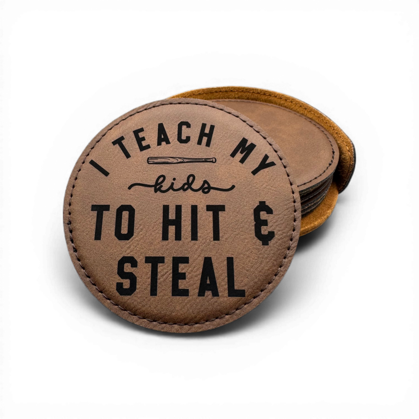 Detail of high-quality precision laser engraving on a round leatherette coaster from Central Coast Laser and Engraving.