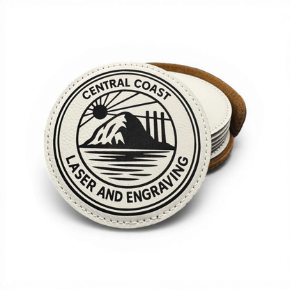 A stacked set of six personalized leatherette coasters, an ideal custom home gift from CCLE in Nipomo, CA.