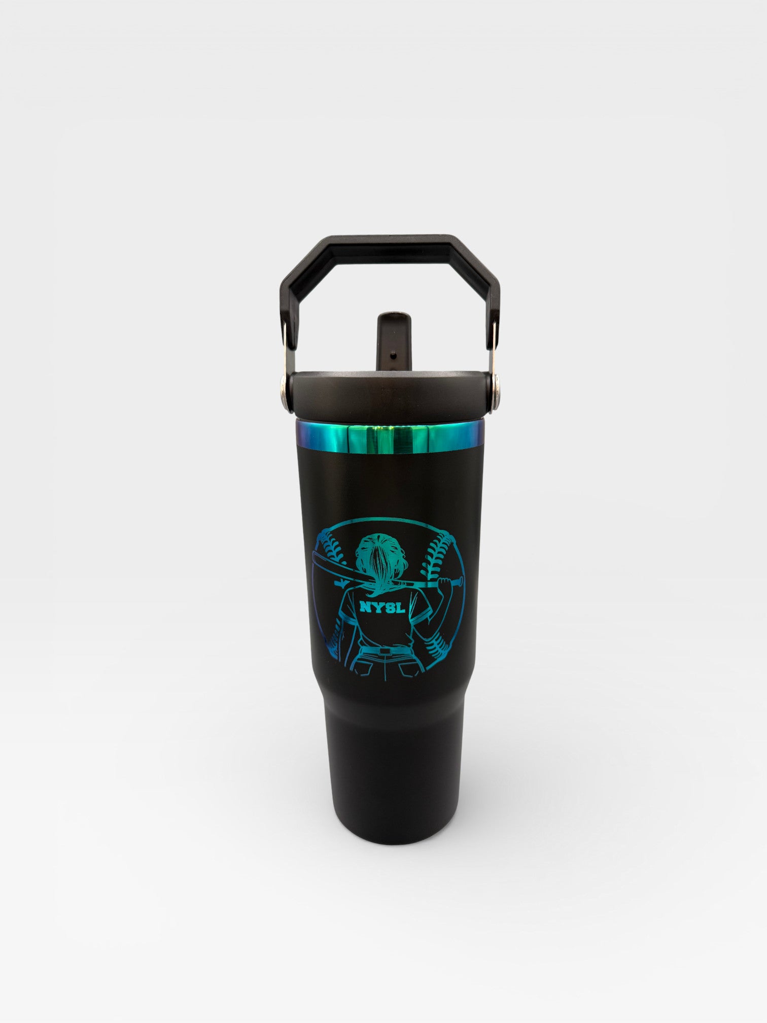 Custom laser-engraved black 30-oz tumbler with a unique rainbow reflective finish by Central Coast Laser and Engraving.