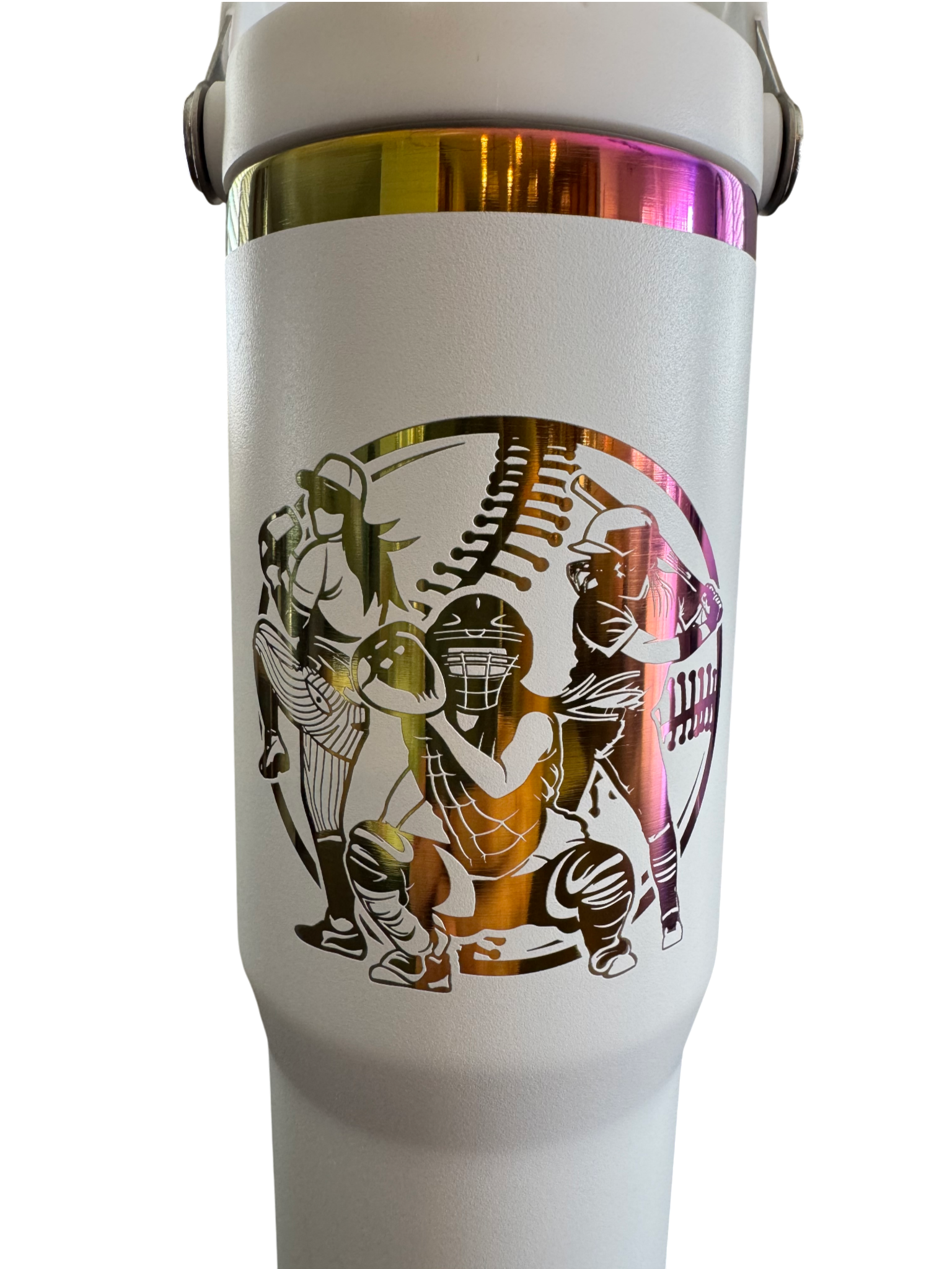Personalized white 30-oz sports tumbler supporting Nipomo Softball, featuring durable laser engraving that won't wash off.