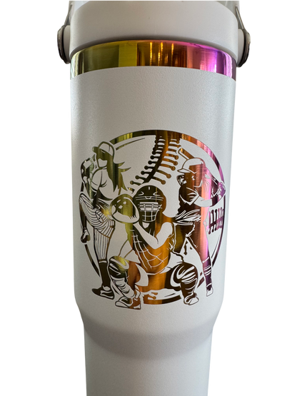 Personalized white 30-oz sports tumbler supporting Nipomo Softball, featuring durable laser engraving that won't wash off.