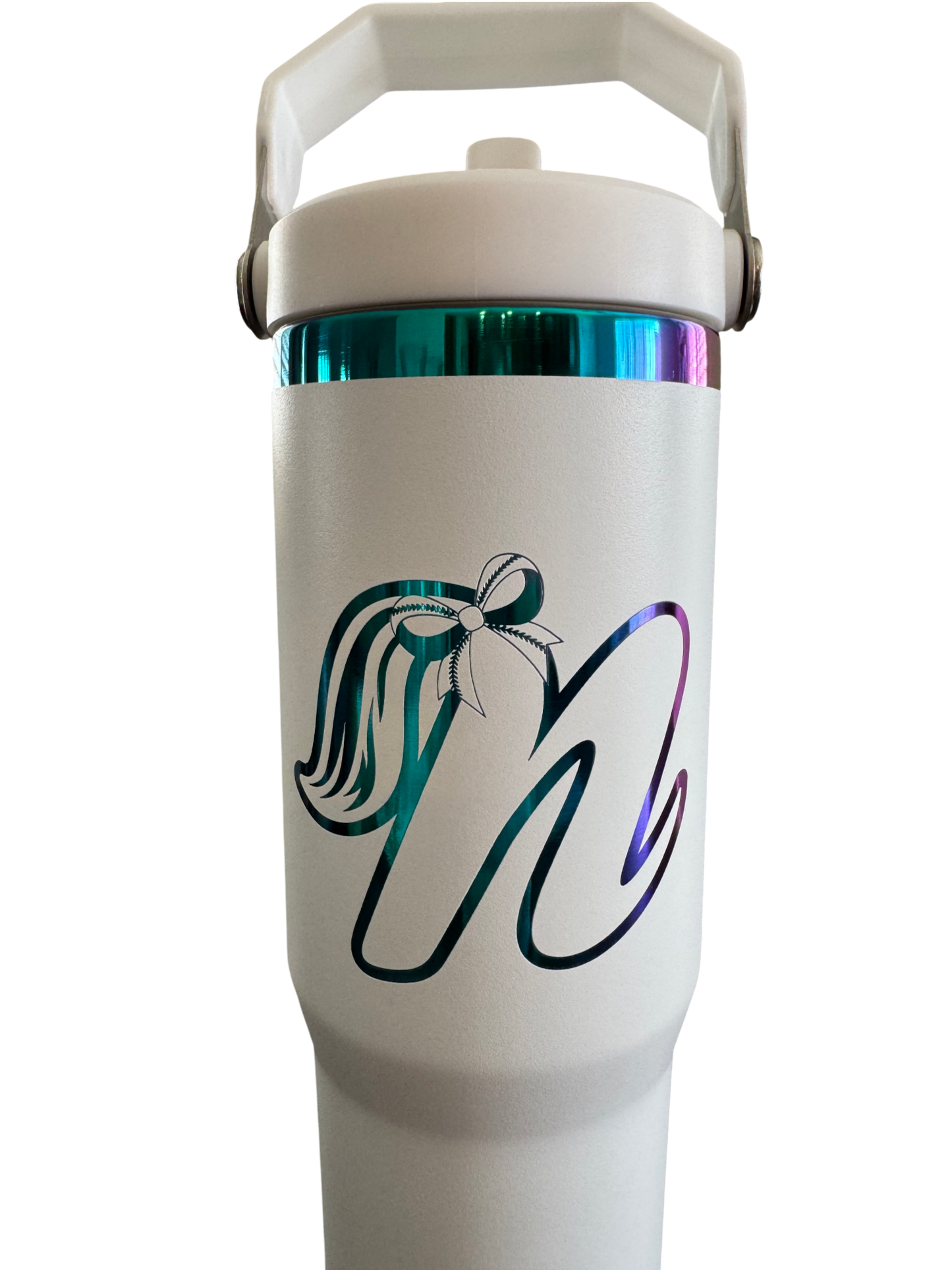 Personalized white rainbow-plated 30-oz travel mug featuring a flip-top straw and ergonomic handle.