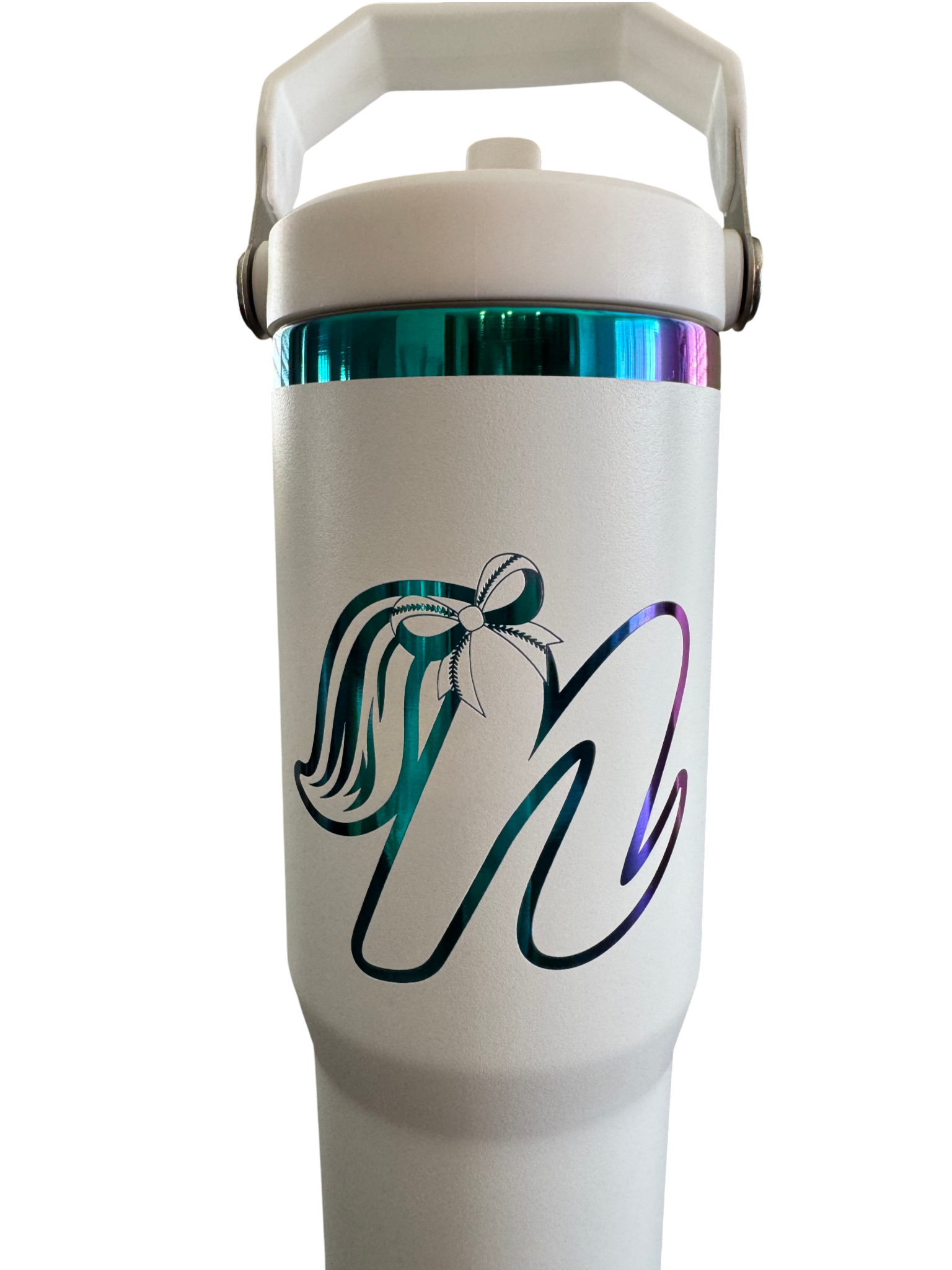 Personalized white rainbow-plated 30-oz travel mug featuring a flip-top straw and ergonomic handle.