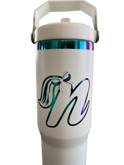 Personalized white rainbow-plated 30-oz travel mug featuring a flip-top straw and ergonomic handle.