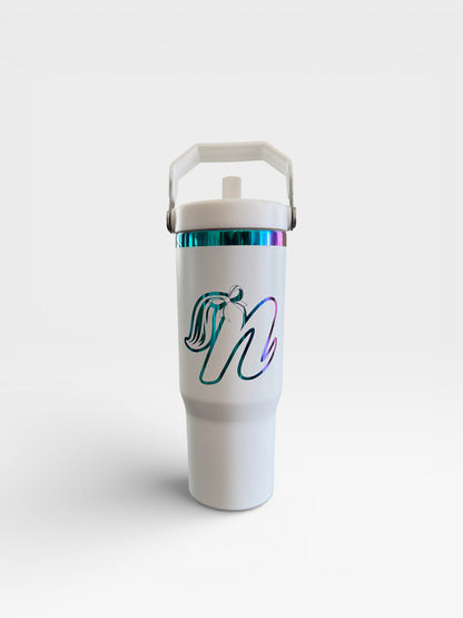 Custom 30-oz stainless steel tumbler laser-engraved with the Nipomo Youth Softball league logo by CCLE.