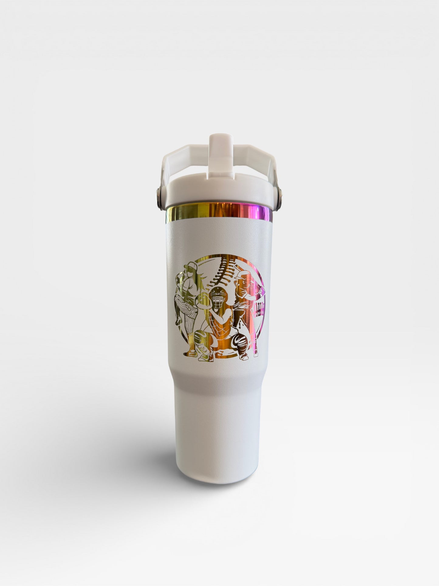 White 30-oz stainless steel tumbler with reflective rainbow plating and custom laser engraving by CCLE.