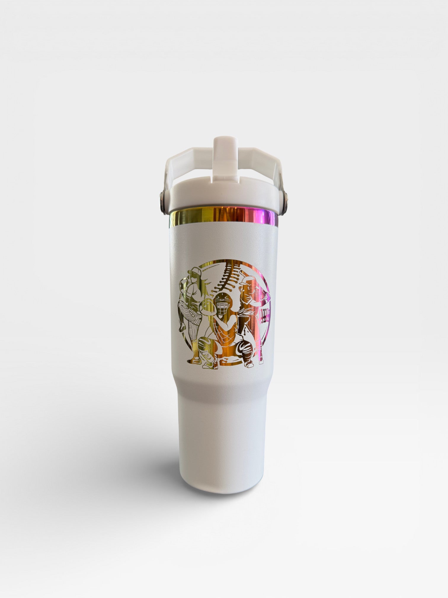 White 30-oz stainless steel tumbler with reflective rainbow plating and custom laser engraving by CCLE.