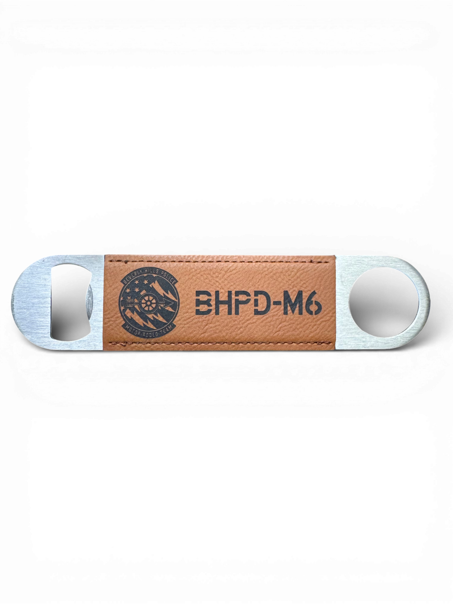 Custom rawhide leatherette-wrapped stainless steel bottle opener with personalized laser-engraved logo.