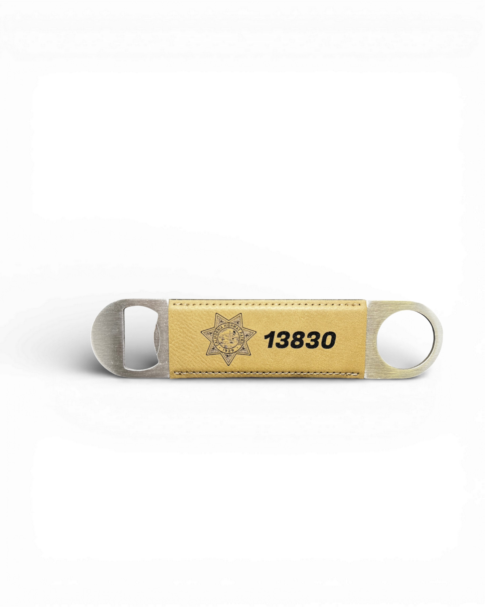 Custom laser engraved bottle opener. Stainless steel, leather wrapped.
